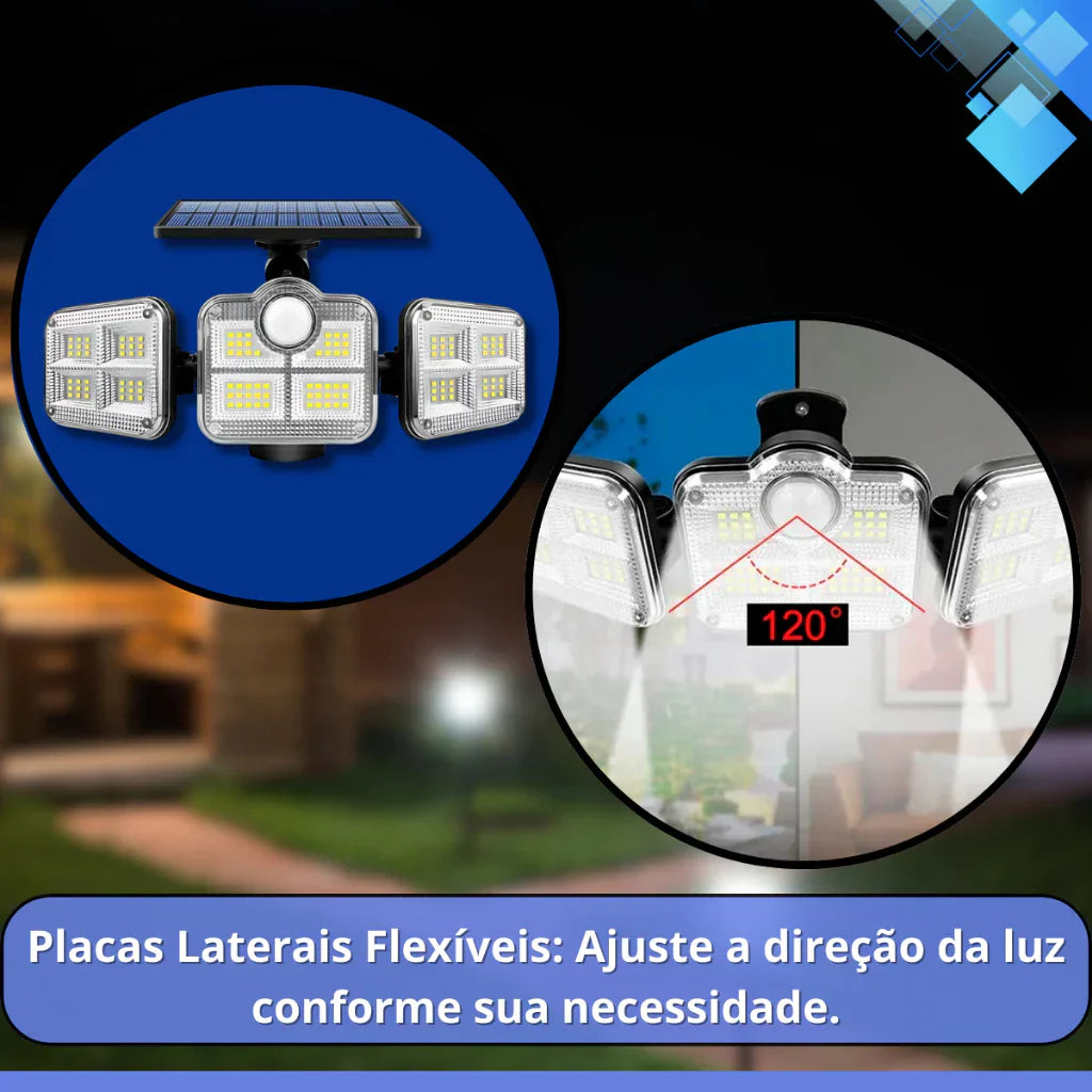 Refletor LED Solar com 3 Cabeças - Iluminação Automática com Sensor de Movimento