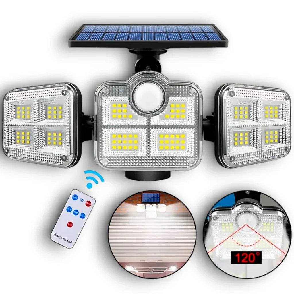 Refletor LED Solar com 3 Cabeças - Iluminação Automática com Sensor de Movimento