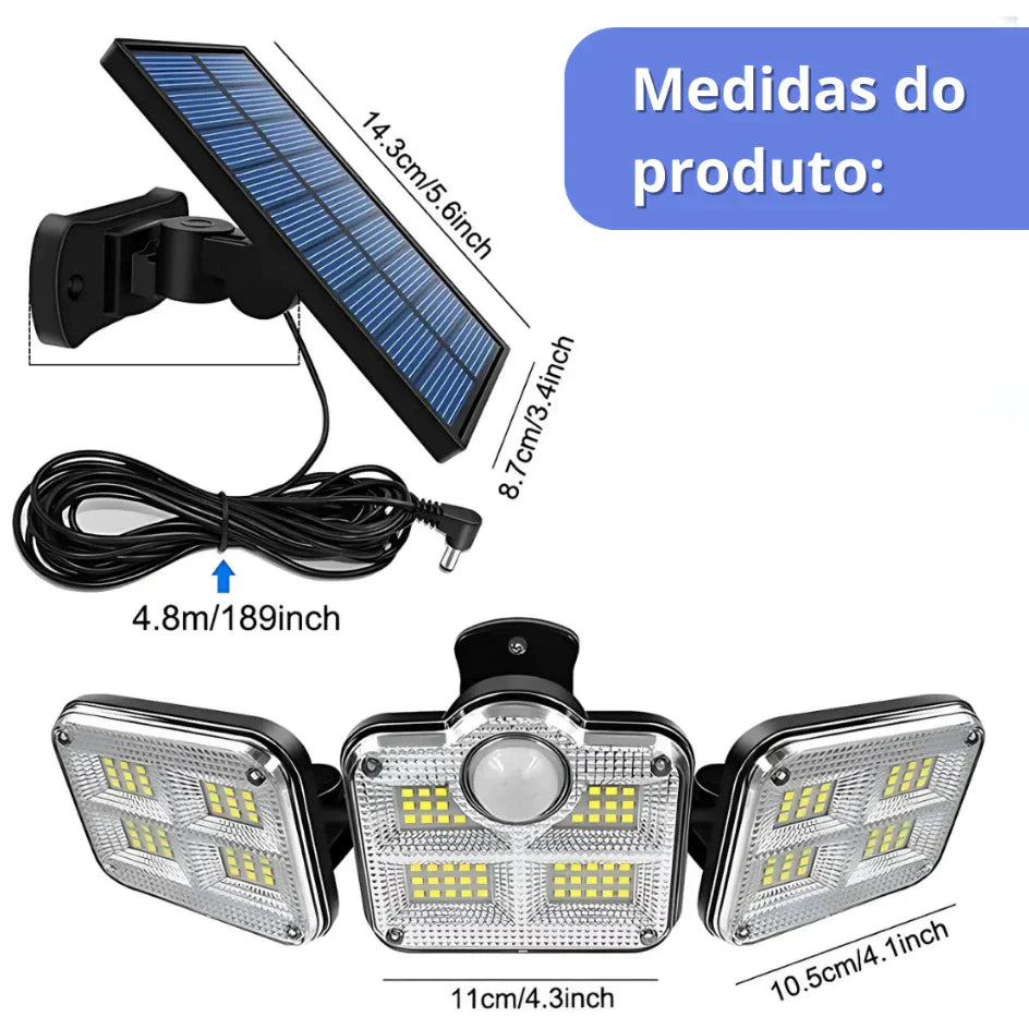 Refletor LED Solar com 3 Cabeças - Iluminação Automática com Sensor de Movimento