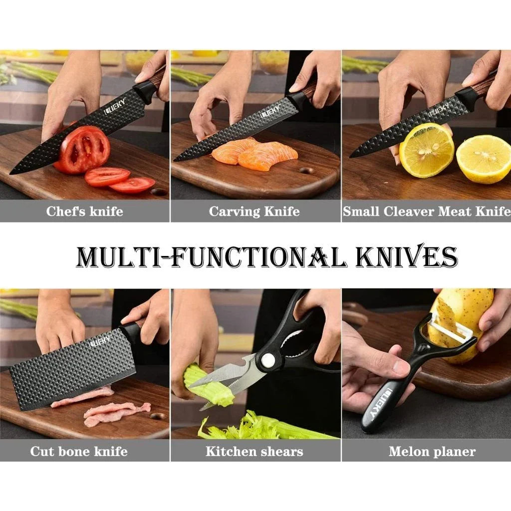 Kit de Facas de Cozinha e Churrasco 6 Peças – Aço Carbono Antiaderente com Cabo Ergonômico