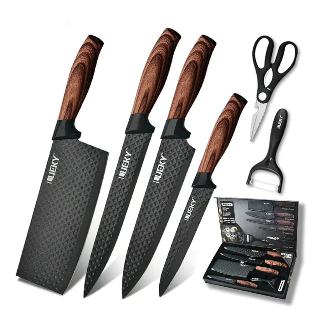 Kit de Facas de Cozinha e Churrasco 6 Peças – Aço Carbono Antiaderente com Cabo Ergonômico